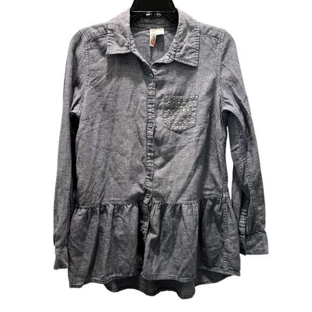 Route 66 chambray blue peplum ruffle green button front whimsy SZ S